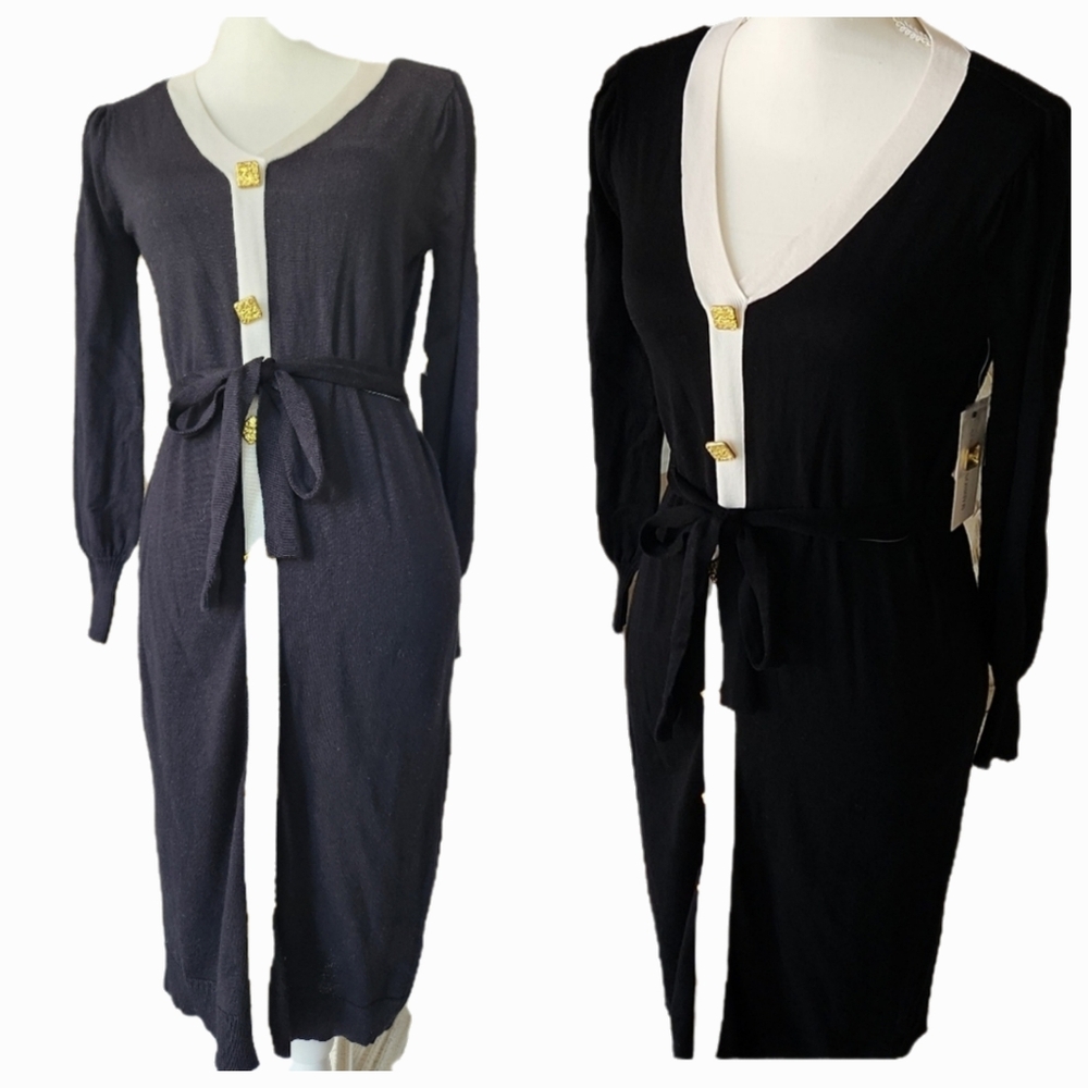 NWT  madison +Hudson black,and white PS size knit sweater dress with gold b